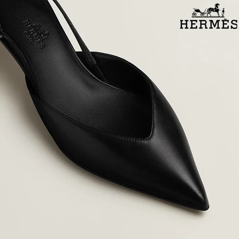 Hermès Black Leather Slingback Kitten Heels