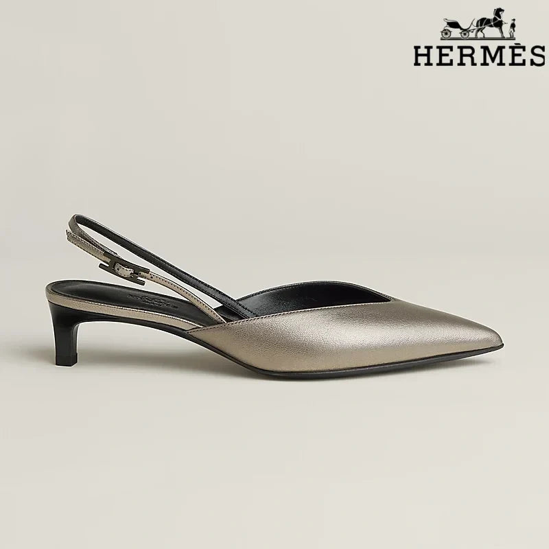 Hermès Pewter Metallic Leather Slingback Kitten Heels