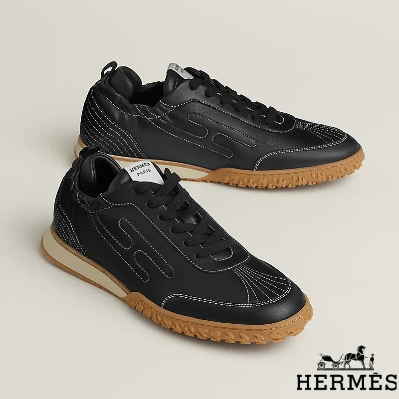 Hermès Black Leather Stitched Sneakers