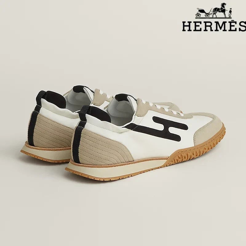 hermes womens shoes men sneaker  White, Beige and Black H-Logo Sneakers