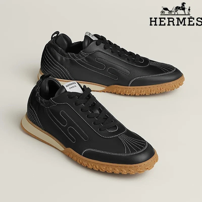 Hermès Black Leather Contrast Stitch H-Logo Sneakers