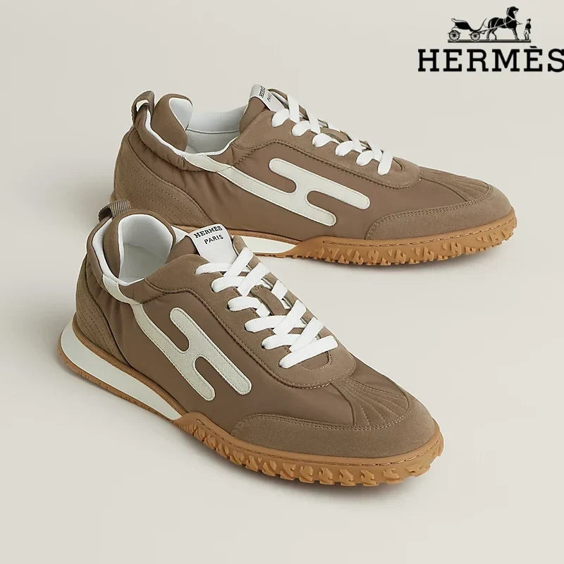 Hermès Brown Fabric Sneakers with White H-Logo
