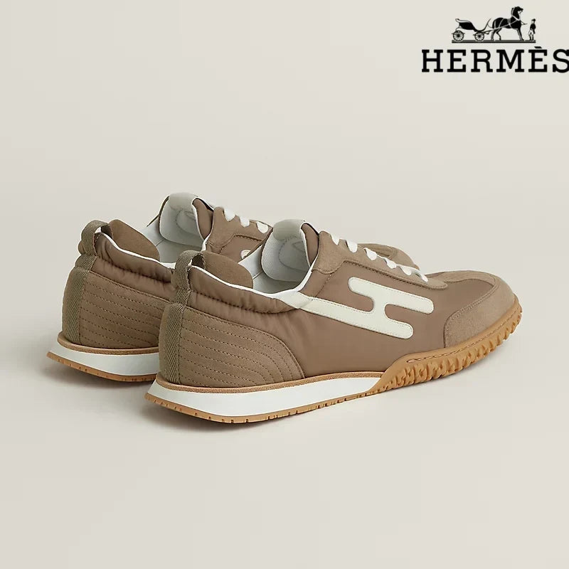 Hermès Brown Fabric Sneakers with White H-Logo