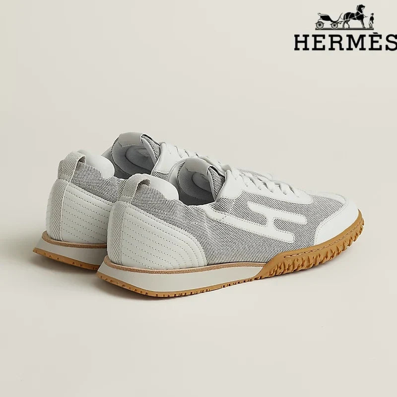 Hermès womens shoes men sneaker White Mesh and Leather Sneakers with H-Logo