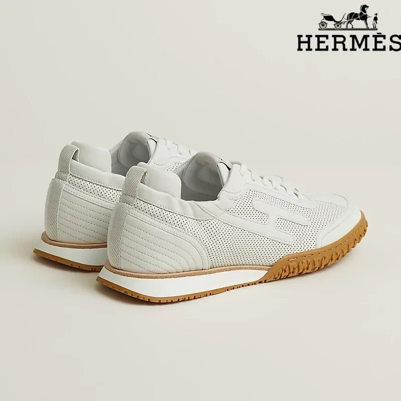 Hermès womens shoes men sneaker  White Perforated Leather Sneakers with H-Logo