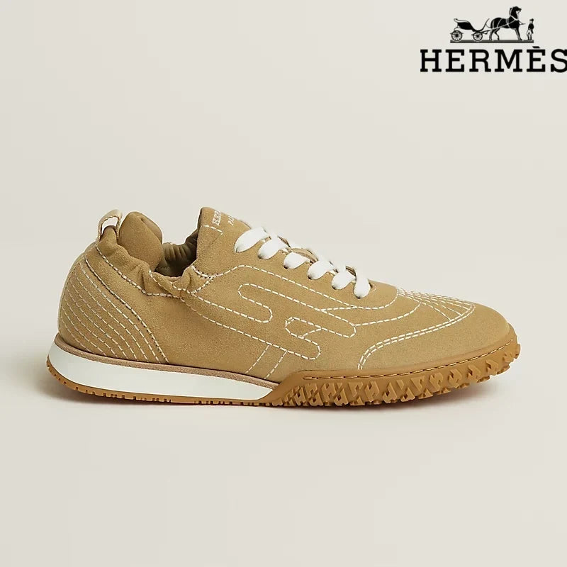 Hermès Camel Suede Contrast Stitch H-Logo Sneakers