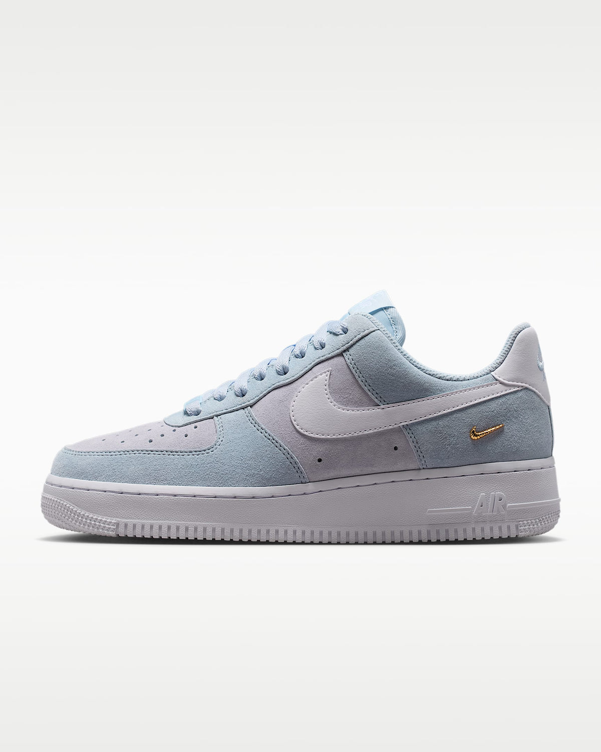 nike mens low top shoes Air Force 1 '07 Light Blue Lavender Suede Gold Mini Swoosh Sneakers