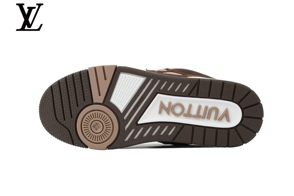 Louis Vuitton Trainer  shoes for man  women Sneaker – Dark Brown Suede & Mesh with Beige & White