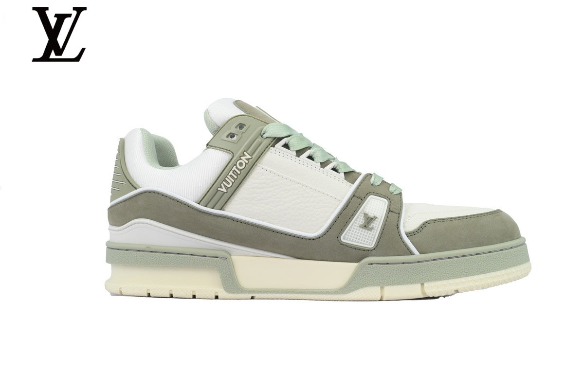 Louis Vuitton Low Top Trainer – White & Sage Green Mixed Leather & Suede
