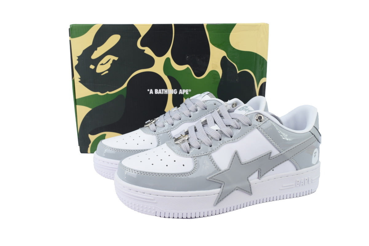 A BATHING APE BAPE STA Glossy Light Grey & White Oversized-Star Sneakers | Women's & Men's Skate-Inspired Shoes