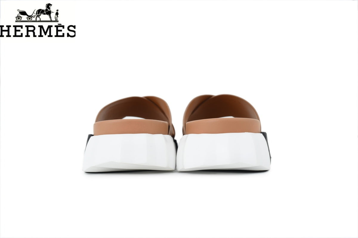 Hermès   slides Tan Leather Cross-Strap Slide Sandal