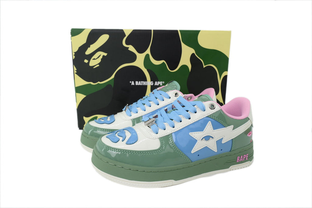 A BATHING APE BAPE STA Glossy Sage Green & Sky Blue Eye-Graphic Sneakers | Women's & Men's Skate-Inspired Shoes