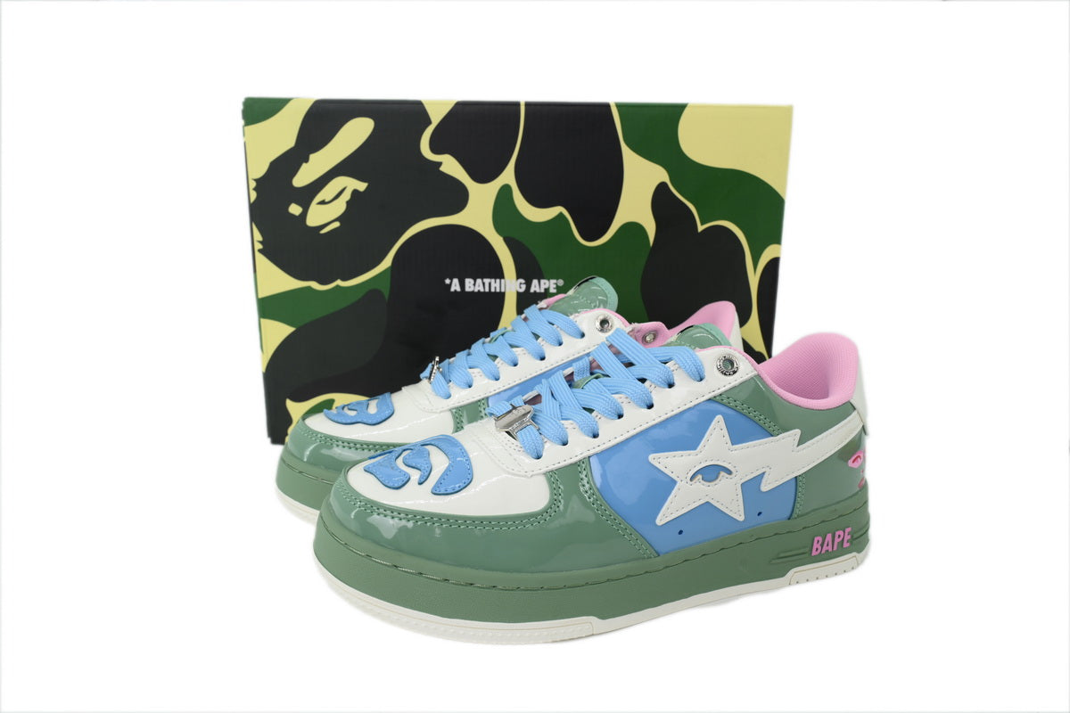 A BATHING APE BAPE STA Glossy Sage Green & Sky Blue Eye-Graphic Sneakers | Women's & Men's Skate-Inspired Shoes