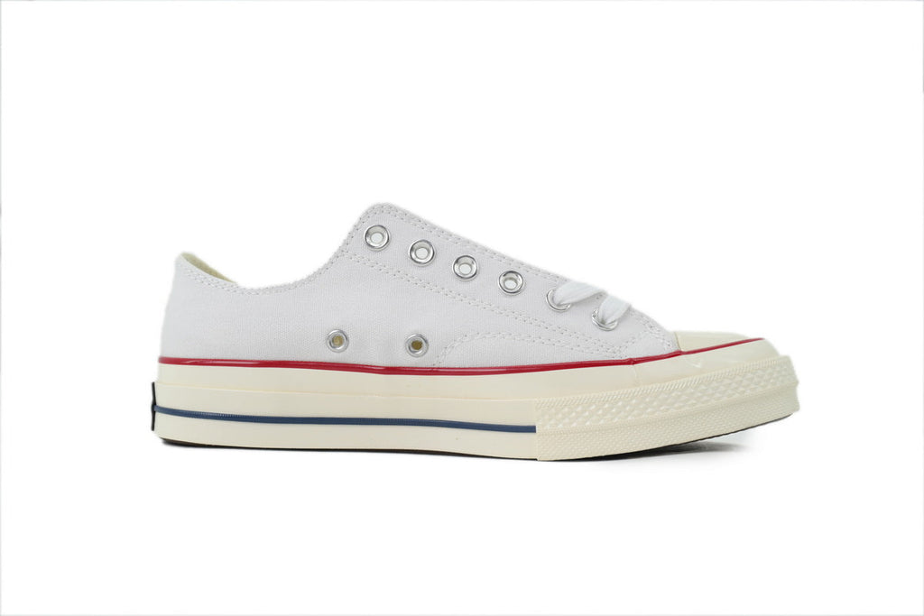 Converse Chuck 70 Women's Men's Shoes | White Low-Top Canvas Sneakers with Red & Blue Stripes