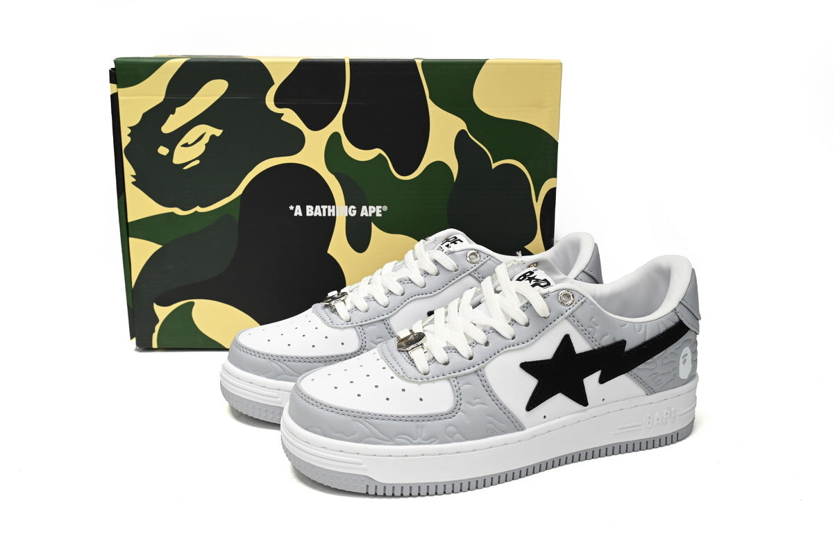 A BATHING APE BAPE STA Grey & White Embossed Camo Sneakers | Women's & Men's Skate-Inspired Shoes