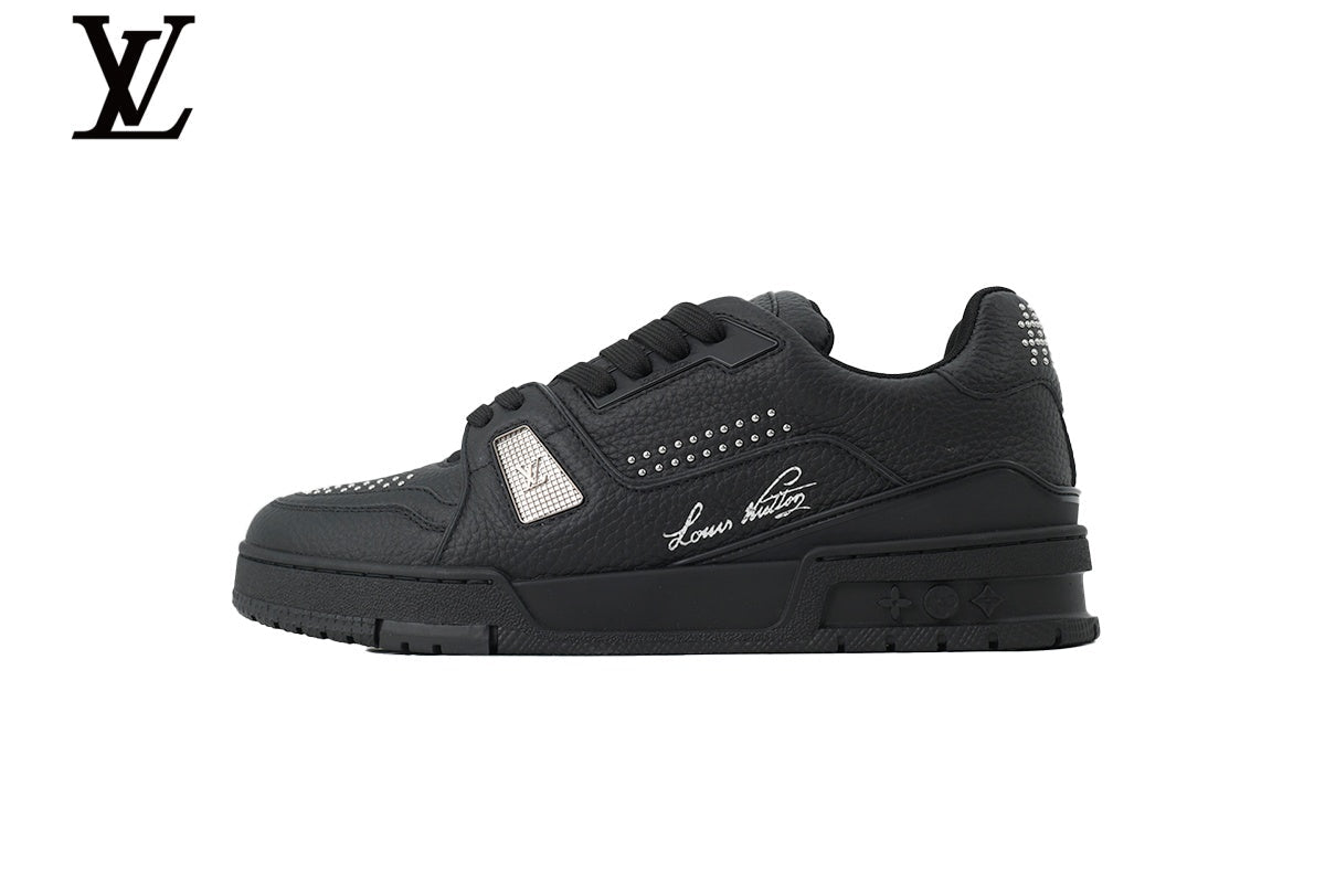 Louis Vuitton Trainer shoes for man  women Sneaker – All-Black Leather with Rhinestone Embellishment