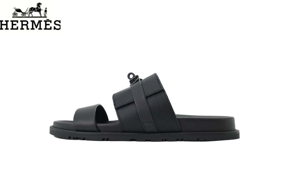 Hermès Black Leather Dual-Strap Slide Sandal