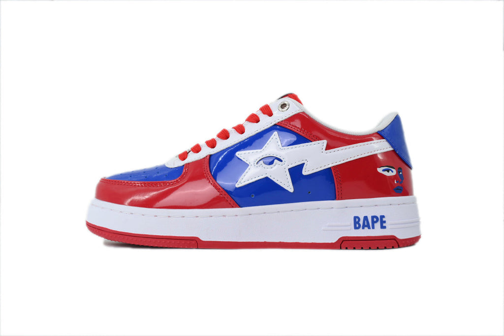 A BATHING APE BAPE STA Glossy Red, Blue & White Eye-Graphic Sneakers | Women's & Men's Skate-Inspired Shoes