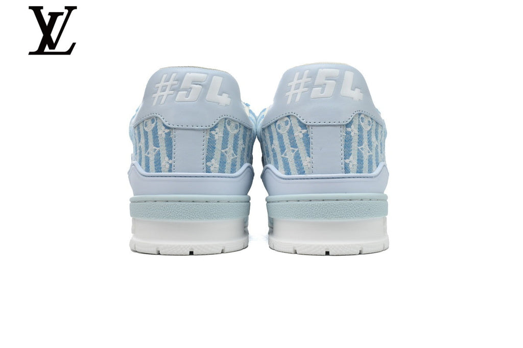 Louis Vuitton Trainer  shoes for man  women Sneaker – Striped Monogram Denim in Light Blue