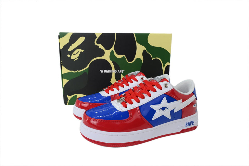 A BATHING APE BAPE STA Glossy Red, Blue & White Eye-Graphic Sneakers | Women's & Men's Skate-Inspired Shoes