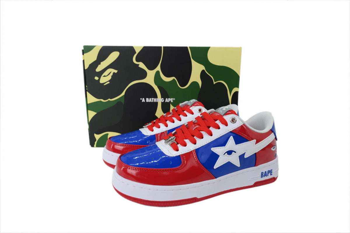 A BATHING APE BAPE STA Glossy Red, Blue & White Eye-Graphic Sneakers | Women's & Men's Skate-Inspired Shoes