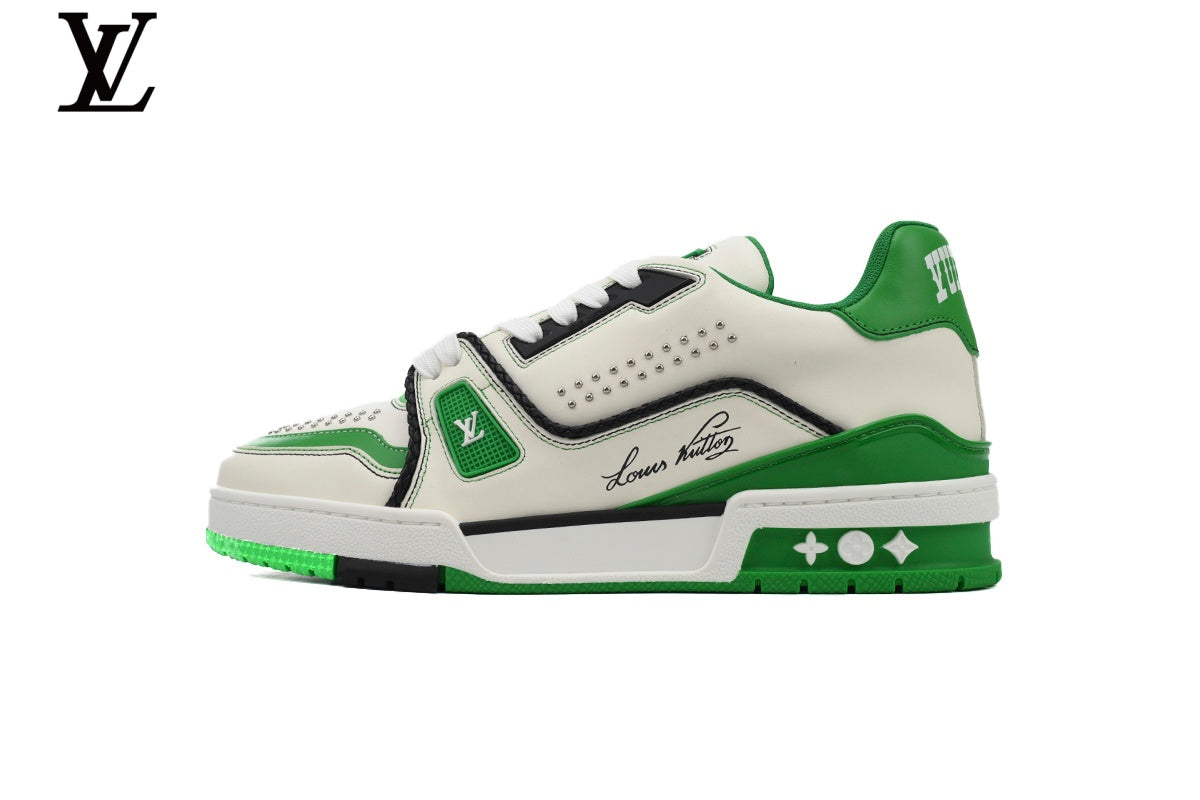 Louis Vuitton LV shoes for man  women Trainer Sneaker – White & Green Studded