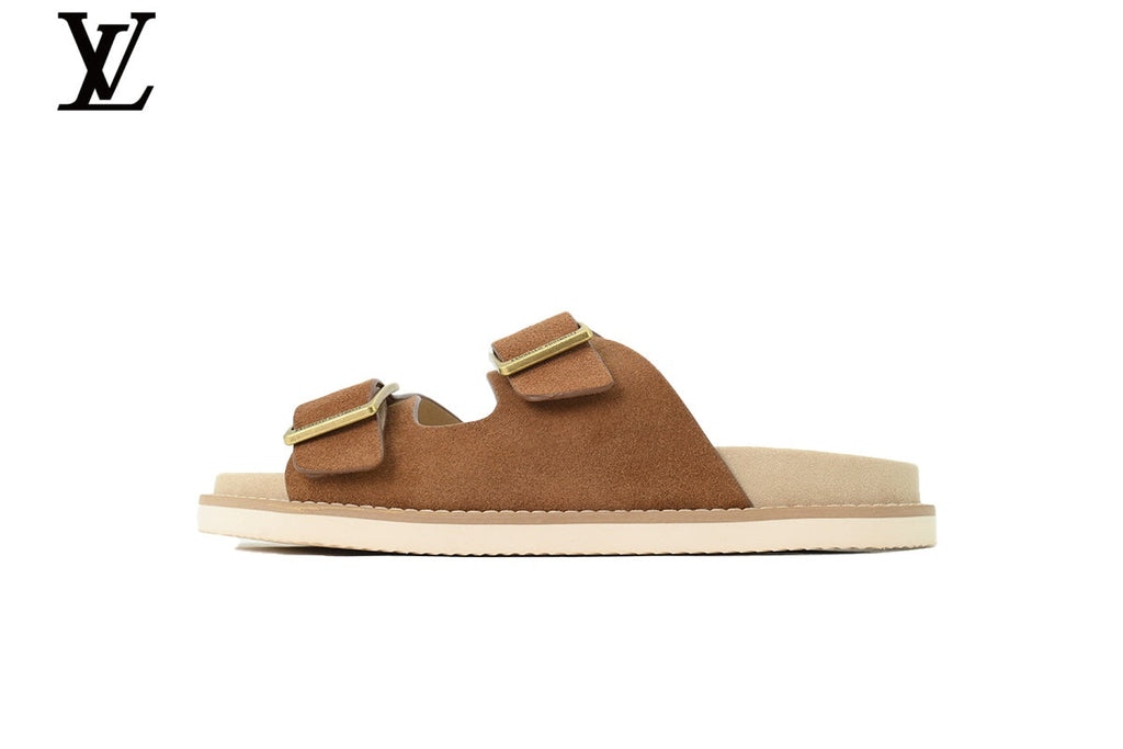 Louis Vuitton shoes for man  women Slide Sandal in Caramel Brown Suede with Double Gold Buckle