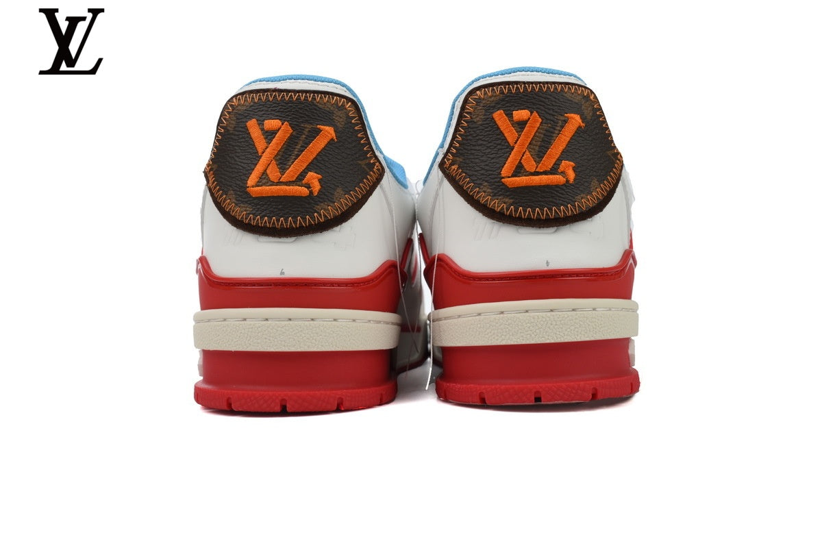 Louis Vuitton LV shoes for man  women Trainer Sneaker – White, Red & Blue
