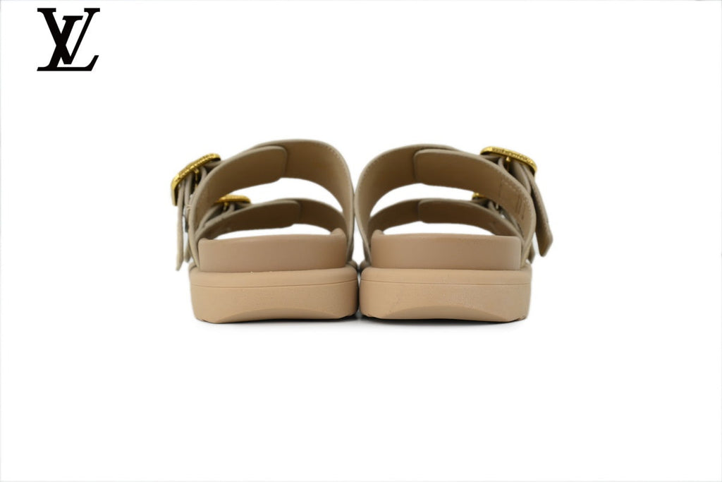 Louis Vuitton Monogram Slide Sandal in Beige with Gold Buckle and Double Strap