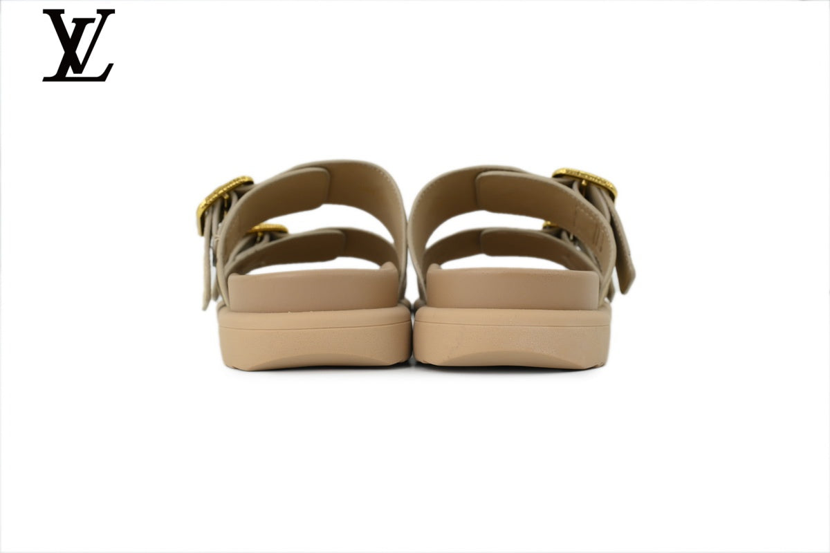 Louis Vuitton Monogram Slide Sandal in Beige with Gold Buckle and Double Strap