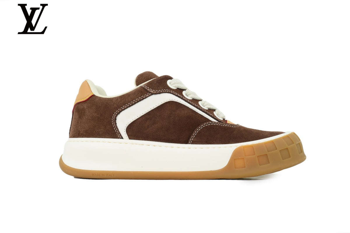 Louis Vuitton Low Top Sneaker in Brown Suede with White Leather Trim and Gum Sole