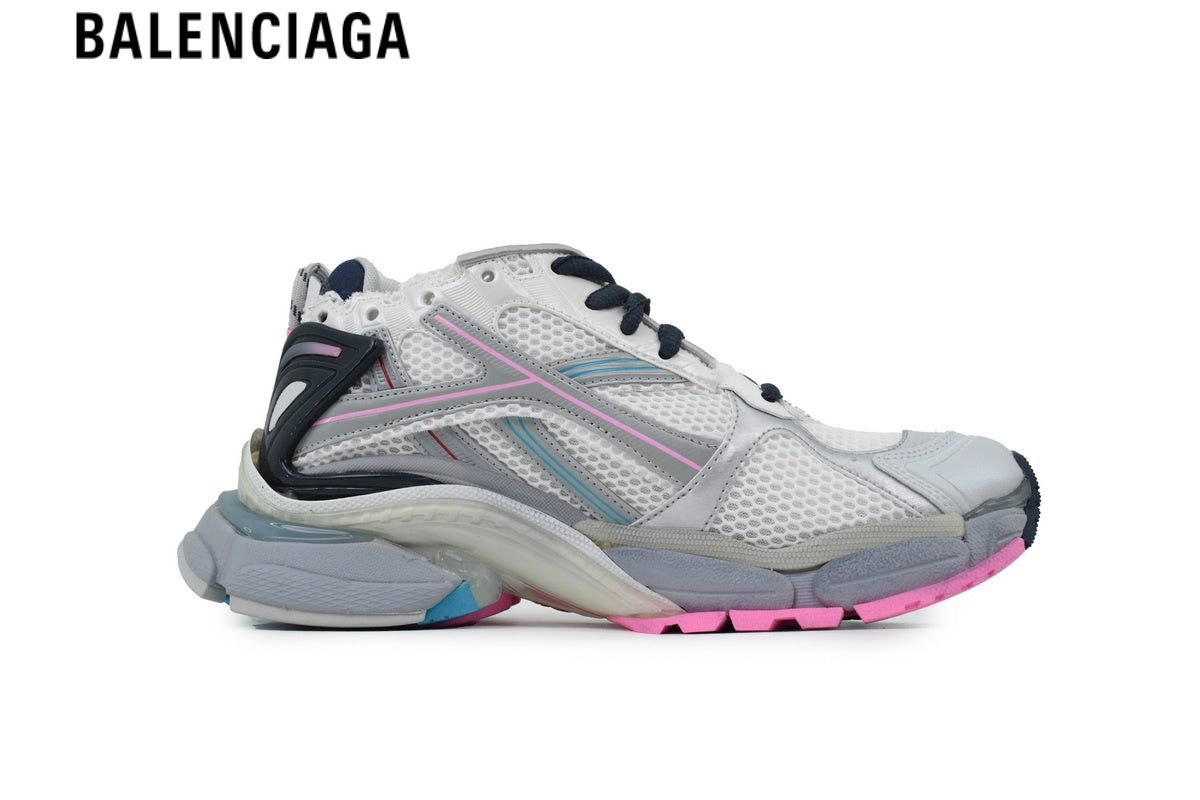 Balenciaga Runner Sneaker — White Mesh & Silver Multi-Color Line Overlays