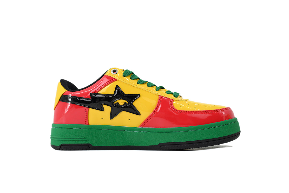 A BATHING APE BAPE STA Glossy Red, Yellow & Green Eye-Graphic Sneakers | Women's & Men's Skate-Inspired Shoes