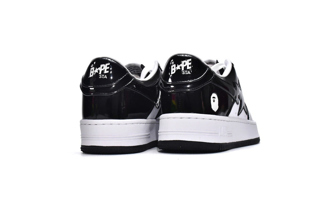 A BATHING APE BAPE STA Glossy Black & White Black-Star Sneakers | Women's & Men's Skate-Inspired Shoes