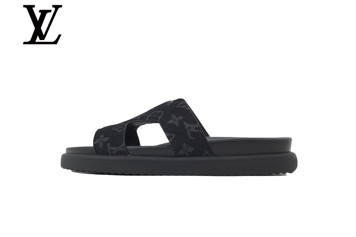 louis vuitton shoes for man  women Black Monogram-Pattern Cutout Slides | Sizes 35–46