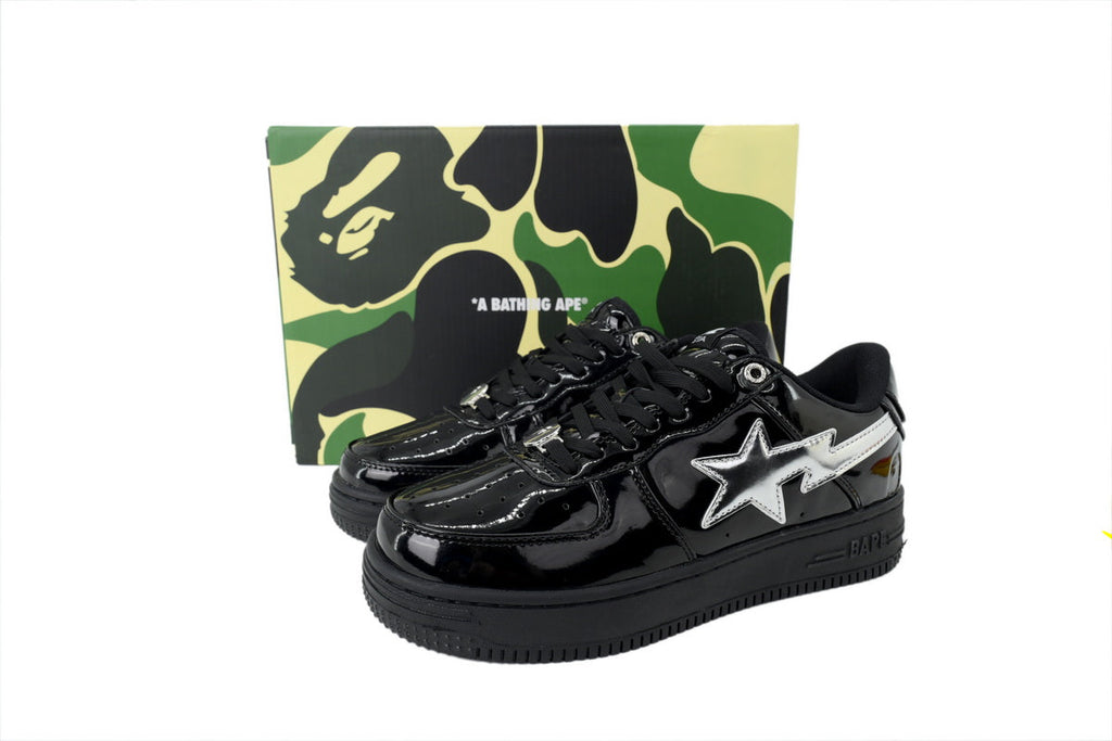 A BATHING APE BAPE STA Glossy Black & Silver-Star Sneakers | Women's & Men's Skate-Inspired Shoes