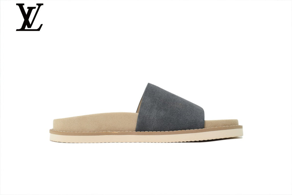 Louis Vuitton Single Strap Slide Sandal – Dark Grey Suede Leather & Beige Footbed