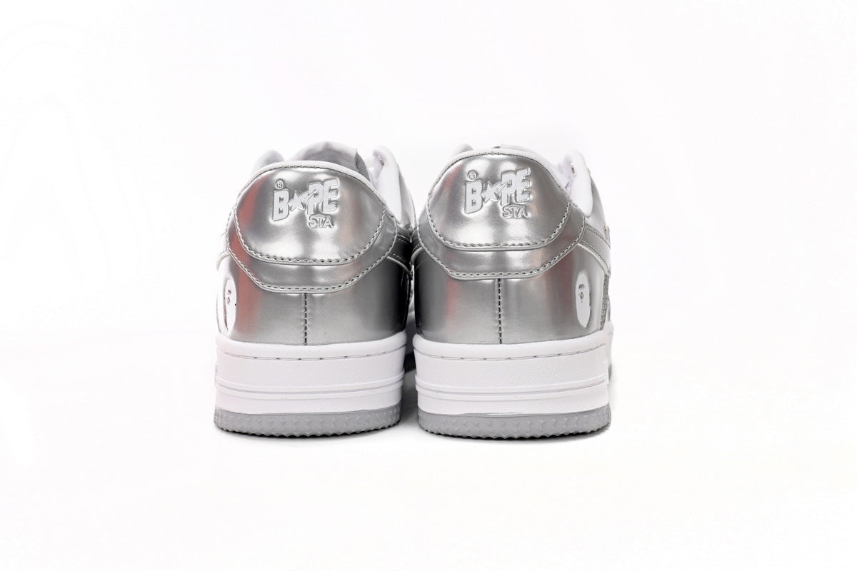 A BATHING APE BAPE STA Metallic Silver & White Sneakers | Women's & Men's Skate-Inspired Shoes