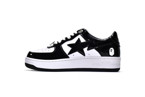 A BATHING APE BAPE STA Glossy Black & White Black-Star Sneakers | Women's & Men's Skate-Inspired Shoes