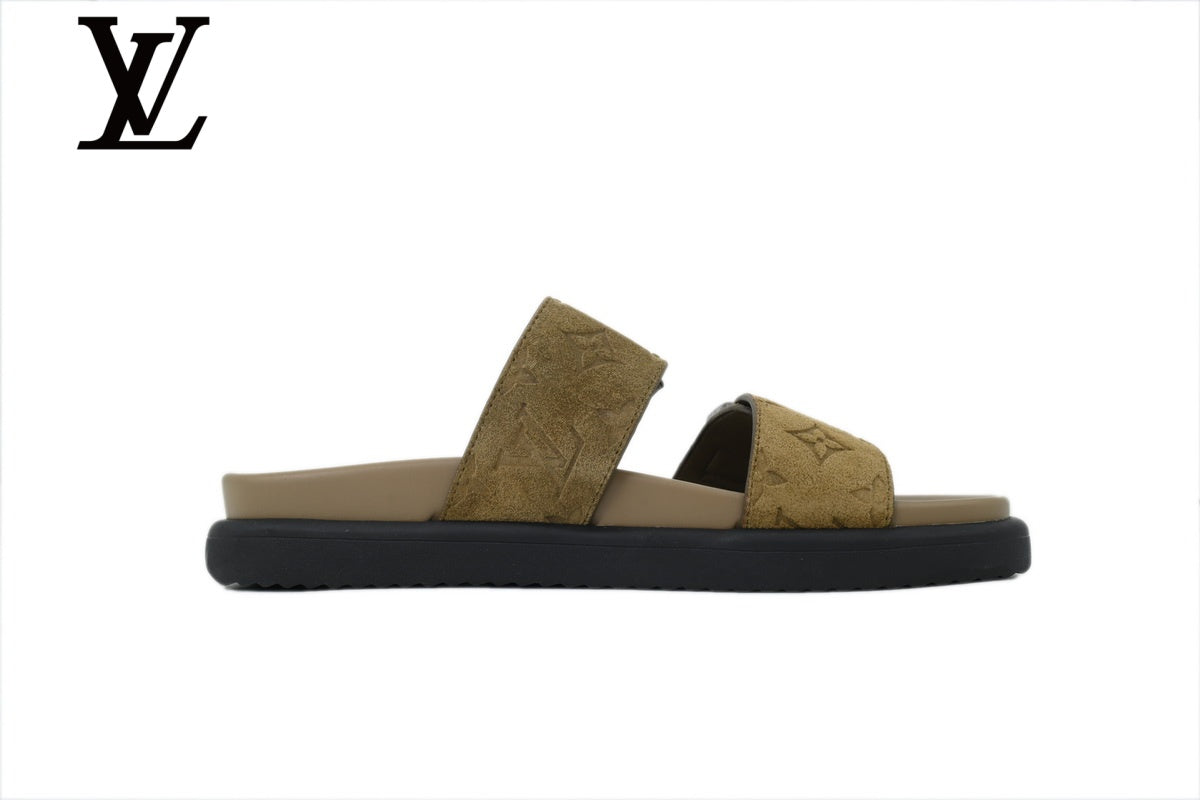 louis vuitton shoes for man  women Khaki Monogram-Pattern Suede-Look Double-Strap Slides | Sizes 35–46