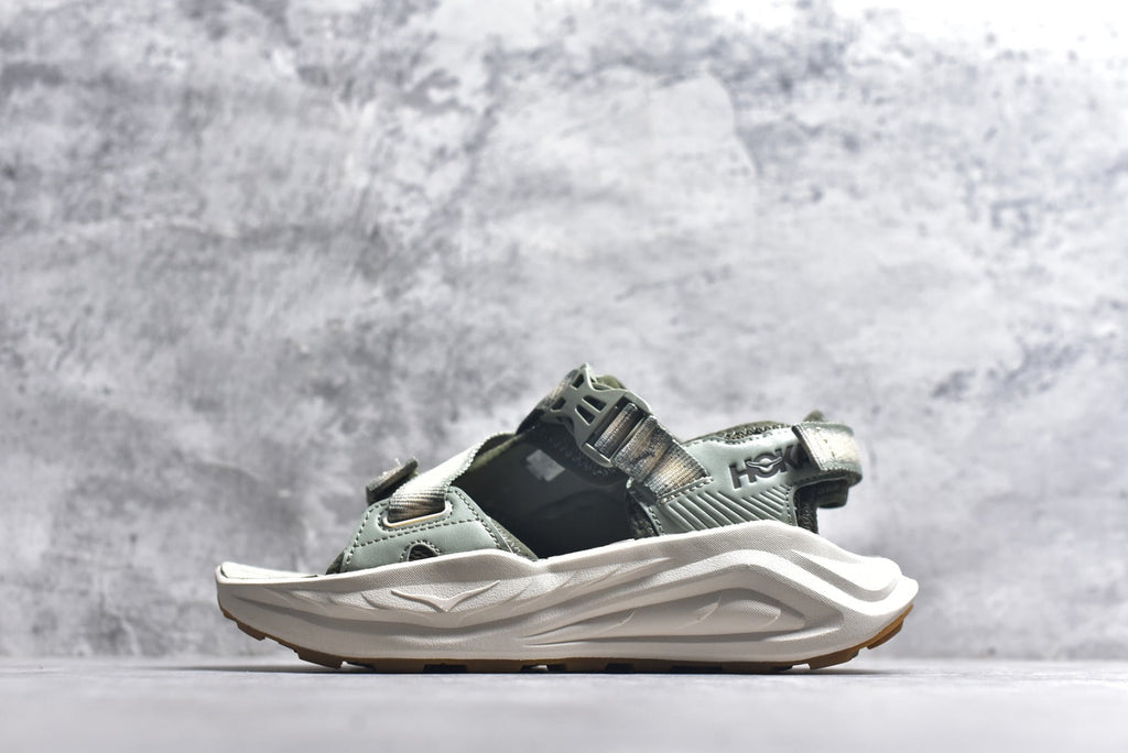 HOKA Recovery Women's Men's Shoes | Sage Green & Cream Buckle Strap Sandals