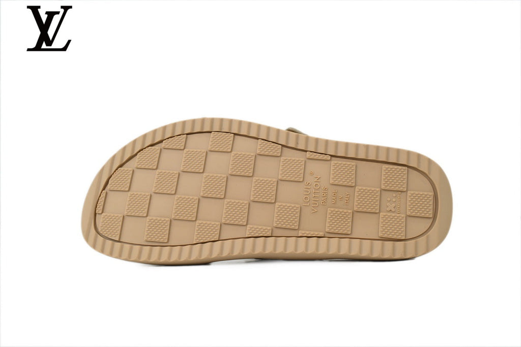 Louis Vuitton Monogram Slide Sandal in Beige with Gold Buckle and Double Strap