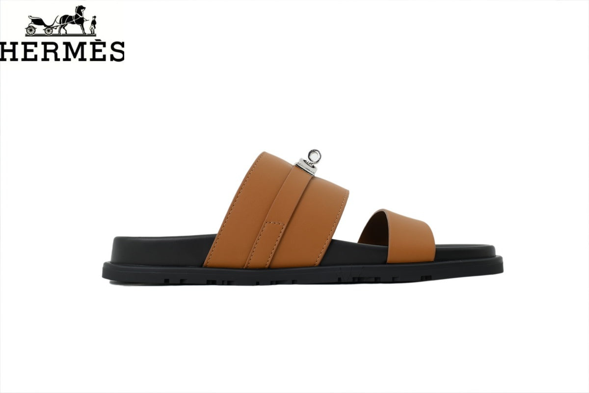 Hermès   slides Tan Leather Dual-Strap Slide Sandal