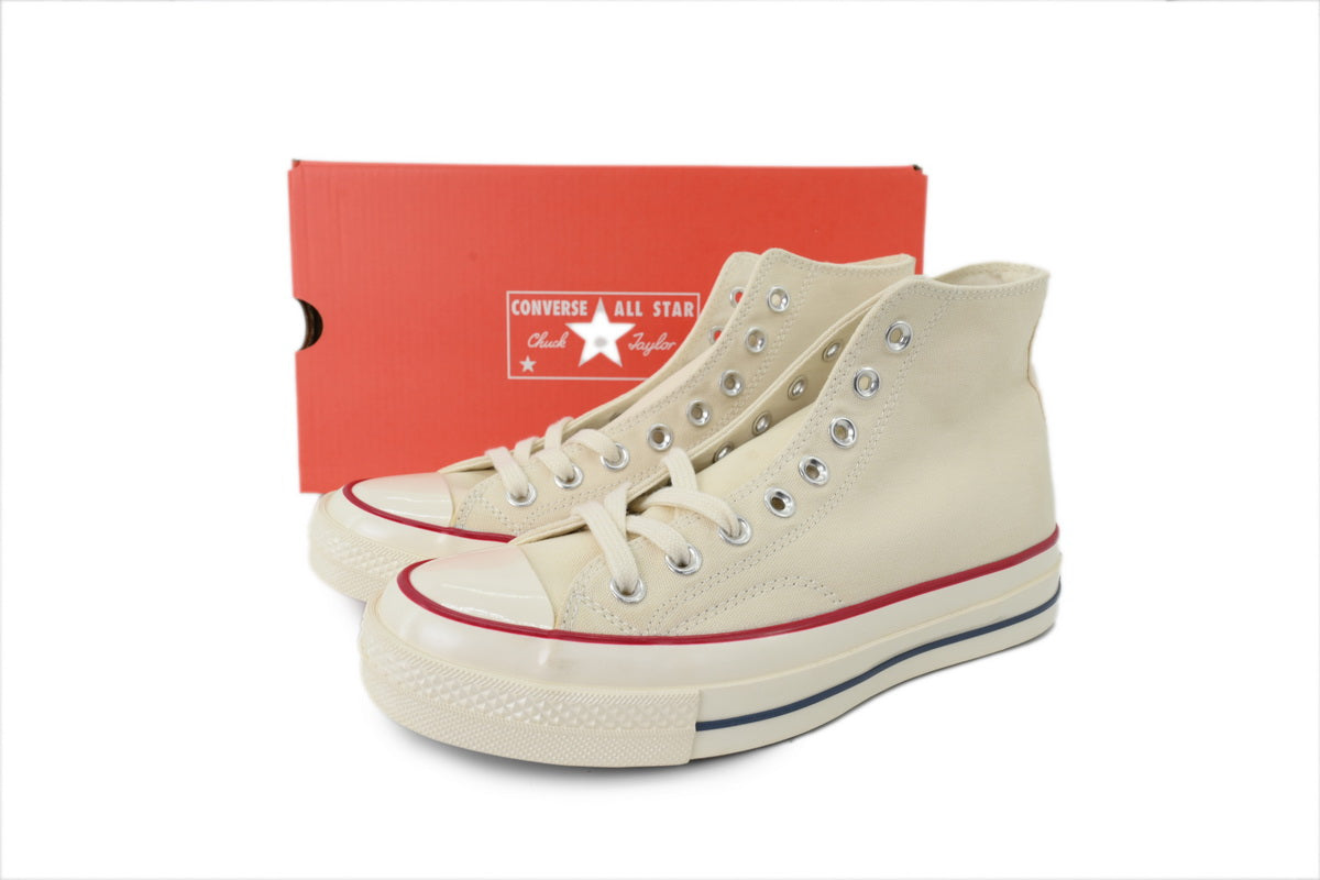 Converse Chuck 70 Women's Men's Shoes | Cream High-Top Canvas Sneakers with Red & Blue Stripes