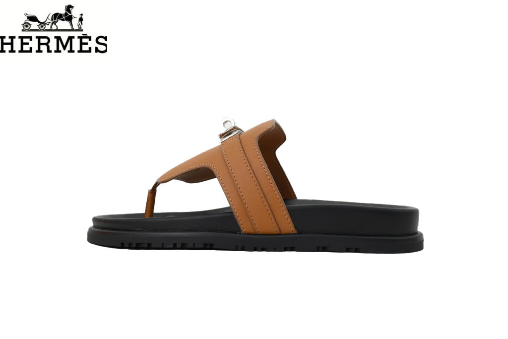 Hermès Tan Leather Flip-Flop Slide with Metal Buckle