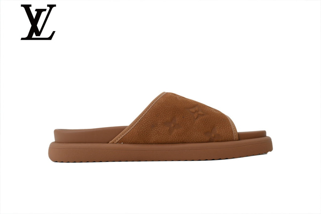 louis vuitton shoes for man  women Brown Monogram-Pattern Nubuck-Look Slides | Sizes 35–46