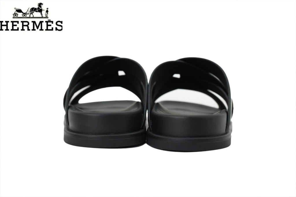 Hermès Black Leather and Suede Cross-Strap Slide Sandal