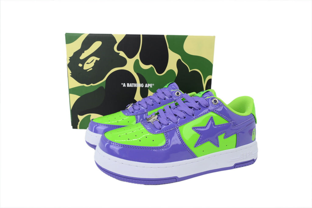 A BATHING APE BAPE STA Glossy Purple & Neon Green Sneakers | Women's & Men's Skate-Inspired Shoes
